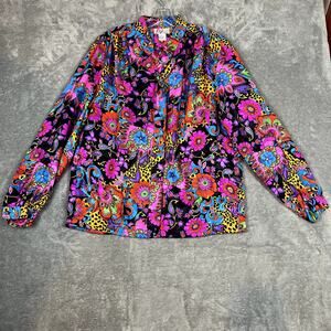 VIntage Fiji Sport Blouse Womens L 100% Silk Colorful Statement Artsy Novelty